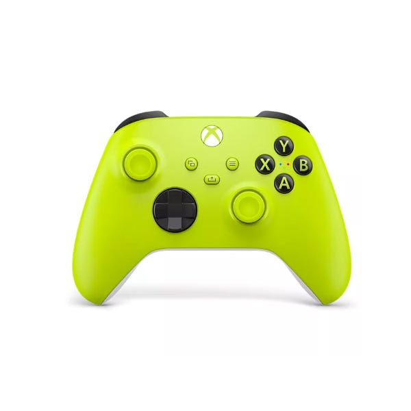 Bright green Xbox Wireless Controller with black accents, featuring joysticks, a D-pad, and ABXY buttons.