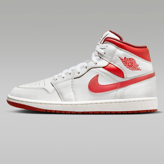 White and red high-top sneaker with logo.