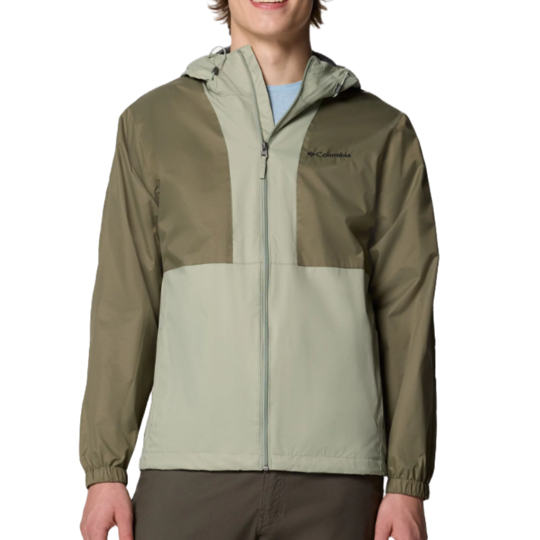 A two-tone hooded jacket with a zipper, featuring an olive and light gray color scheme and elastic cuffs.