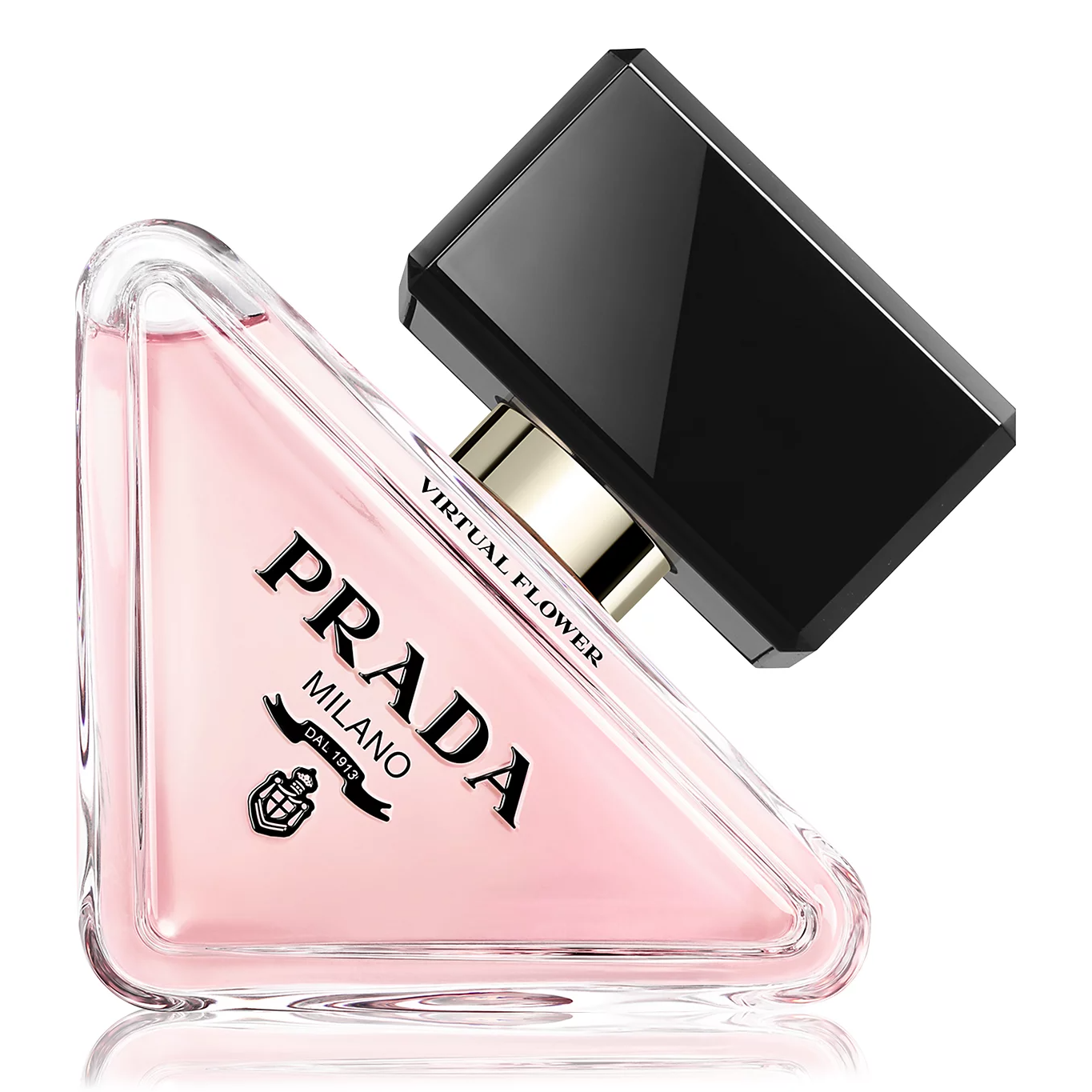 Prada Paradoxe Virtual Flower perfume features a pink liquid in a distinctive triangular bottle with a black rectangular cap, embossed with \“PRADA MILANO\“ and decorative detailing.