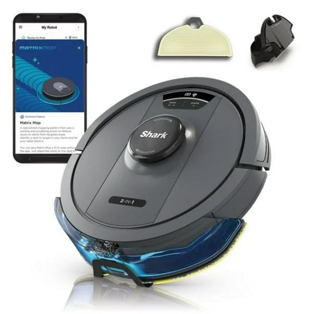 A robot vacuum cleaner with a mopping feature, alongside a smartphone app interface, dustbin, and mop attachment.