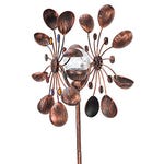 A bronze-colored metal wind spinner with solar LED lighting, featuring a spherical center with two layers of petal-like blades, and a decorative leafy stem at the base.