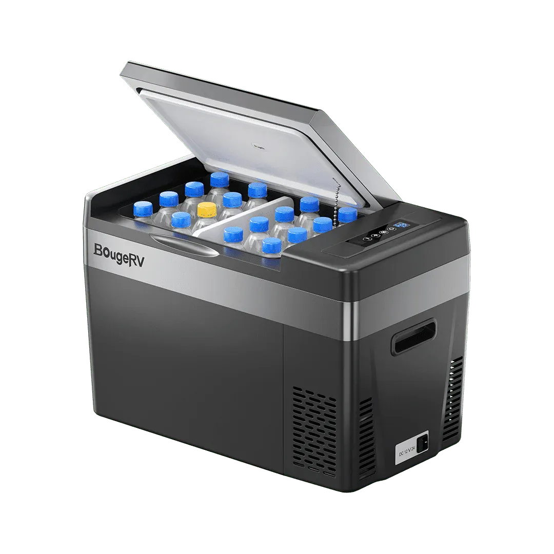 Portable electric cooler filled with water bottles.