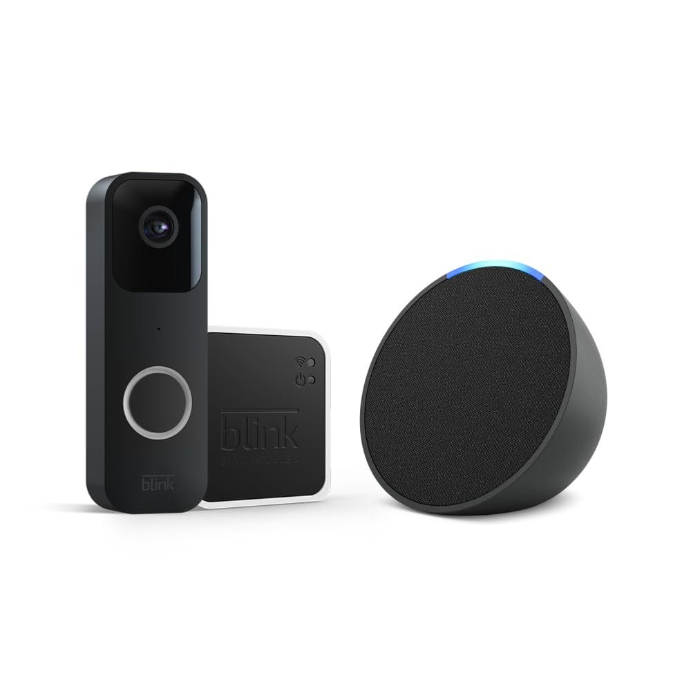 A video doorbell, sync module, and smart speaker with voice assistant capabilities.