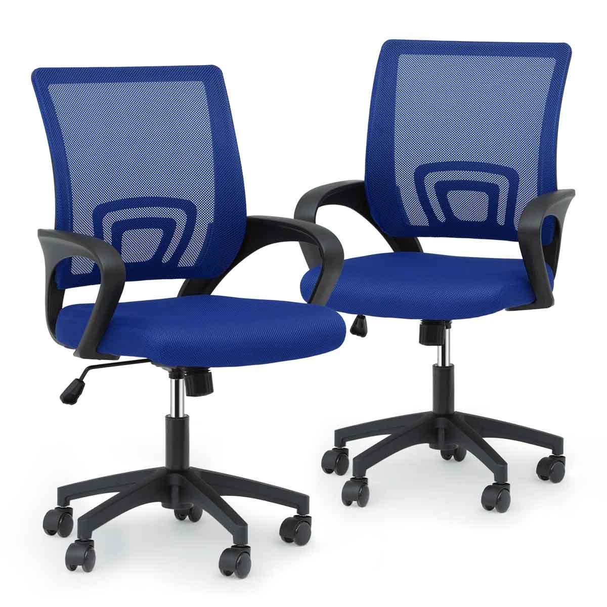 Two blue ergonomic office chairs with mesh backs, black armrests, and adjustable seat heights. They have swivel bases with five caster wheels each.