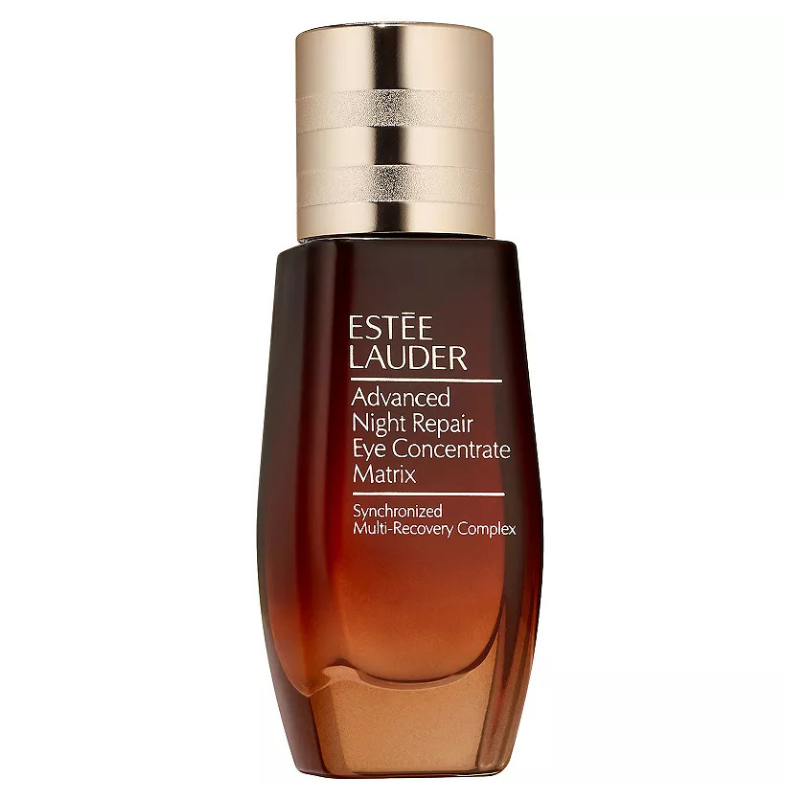 Estee Lauder Advanced Night Repair Eye Concentrate Matrix is a serum designed to support eye skin repair, featuring a Synchronized Multi-Recovery Complex in a brown and gold bottle.
