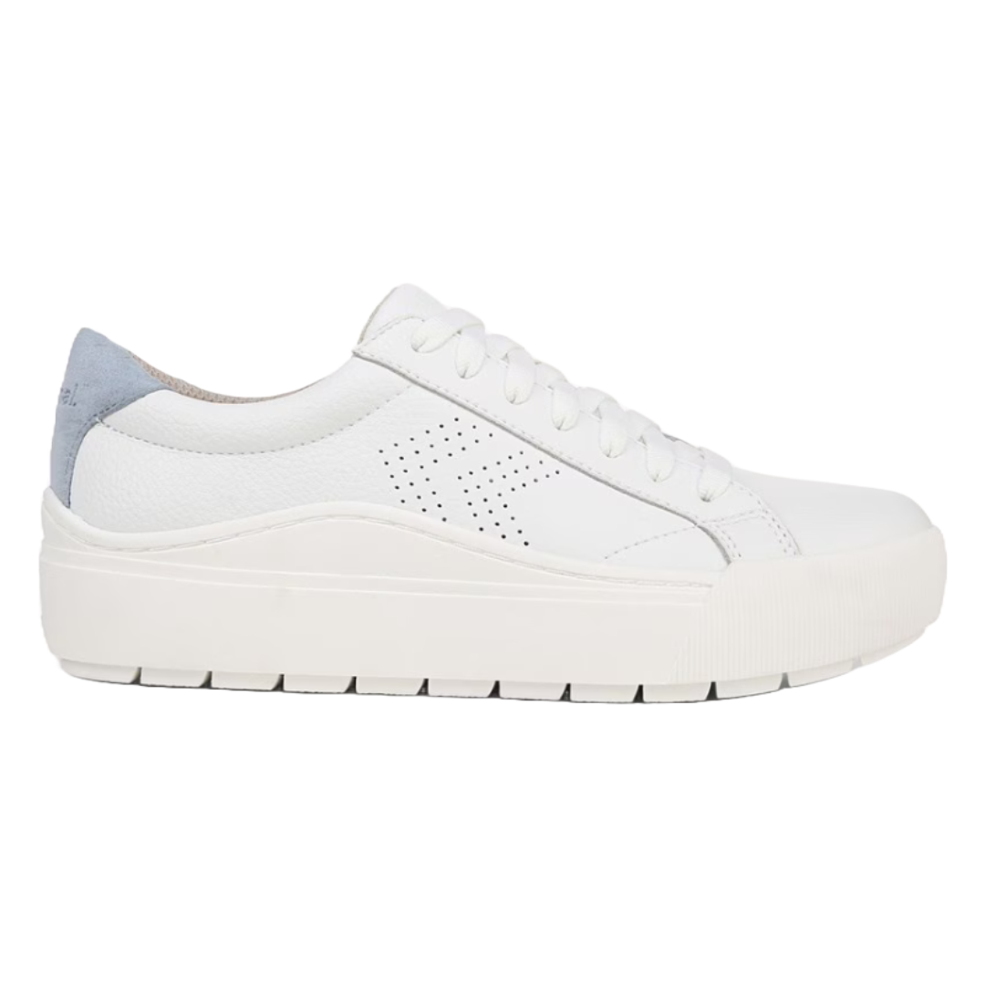 White Dr. Scholl's platform sneakers with perforated side design and blue suede heel patch, featuring a lace-up front and chunky sole for added height and style.