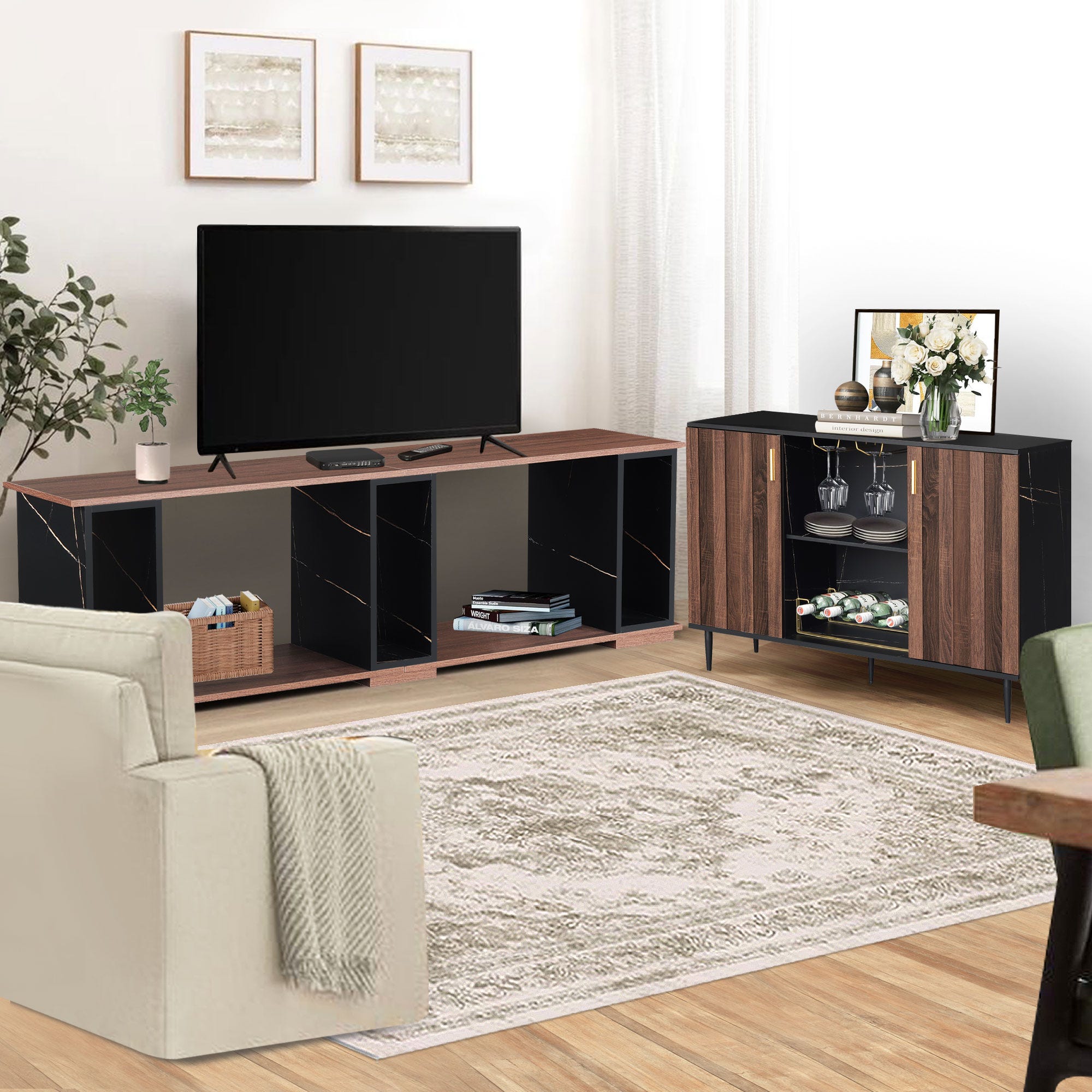 A modern TV stand with open shelves and black accents is paired with a matching bar cabinet that has glass doors and internal shelves.