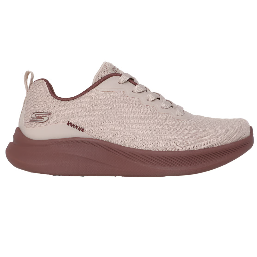A beige and brown athletic shoe with a knit upper, featuring a lace-up design and a logo on the side.