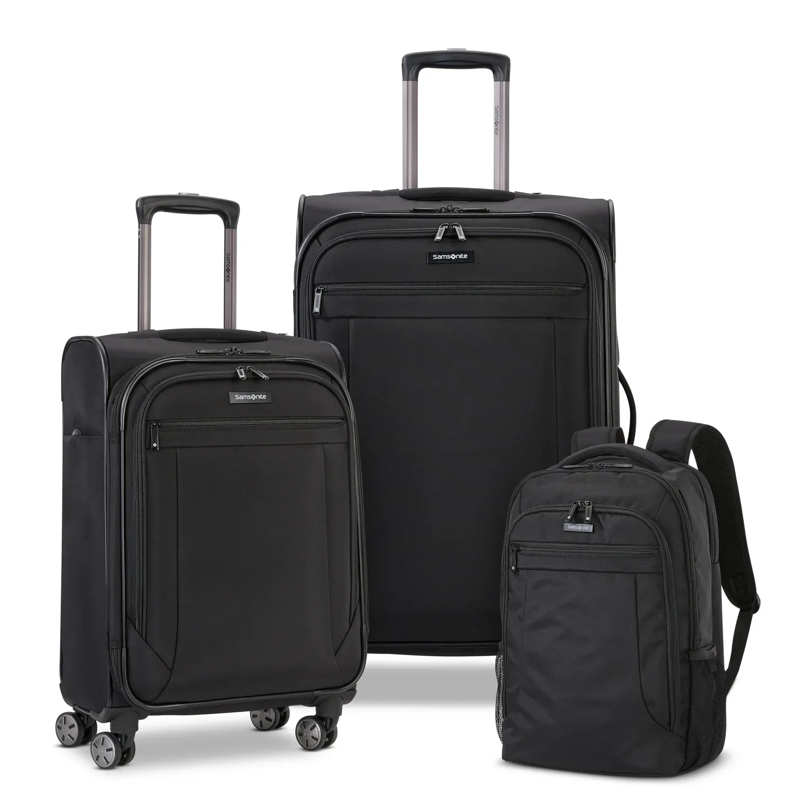 Two black rolling suitcases and a black backpack.