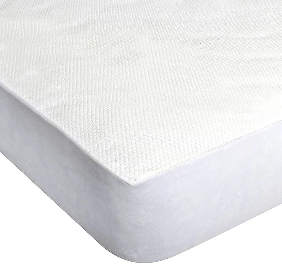White, textured queen-size mattress cover with a snug fit and stretch sides.