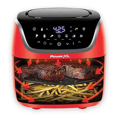 A red PowerXL Vortex Air Fryer with a digital touchscreen display shows cooking settings; below is a transparent window revealing food being cooked inside.