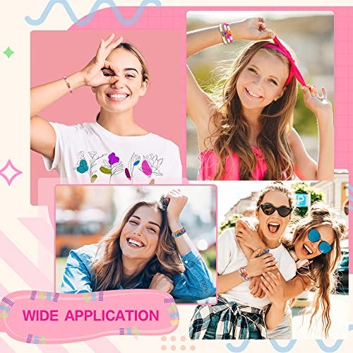 The image shows a collage of four different scenes with smiling young women wearing colorful bracelets, suggesting a variety of casual and joyful uses for the bracelet set.