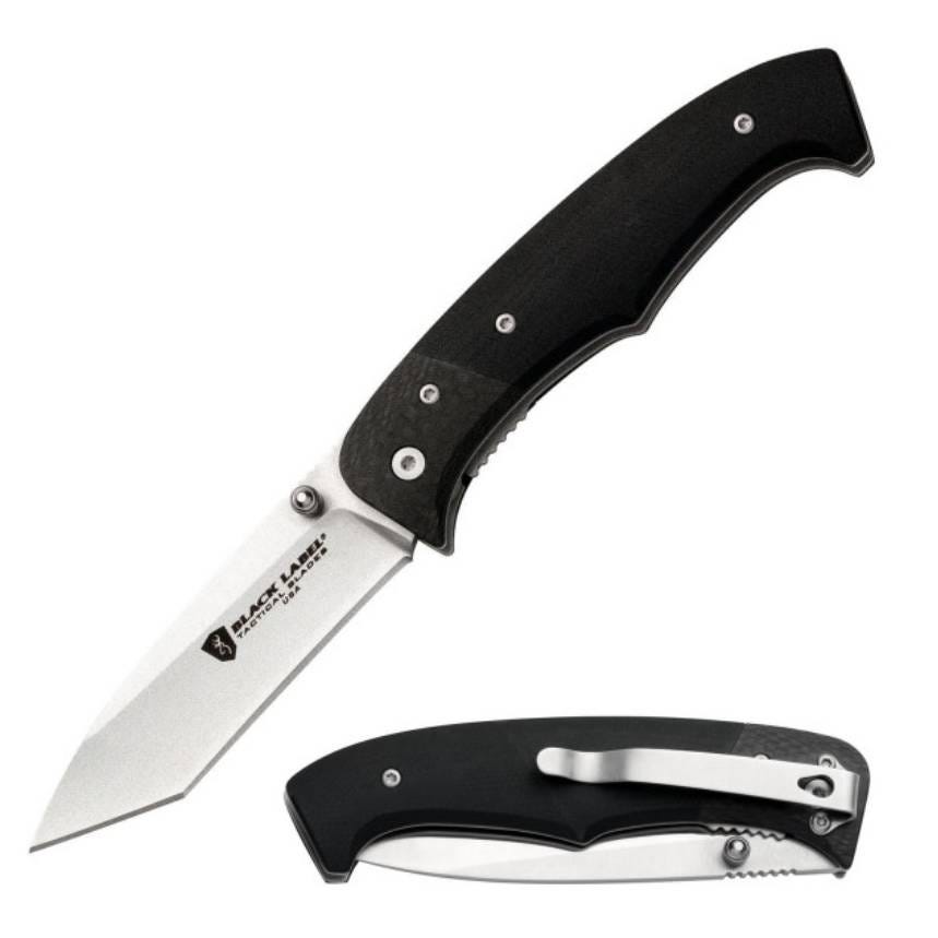 Two folding knives with black handles, one open and one closed.