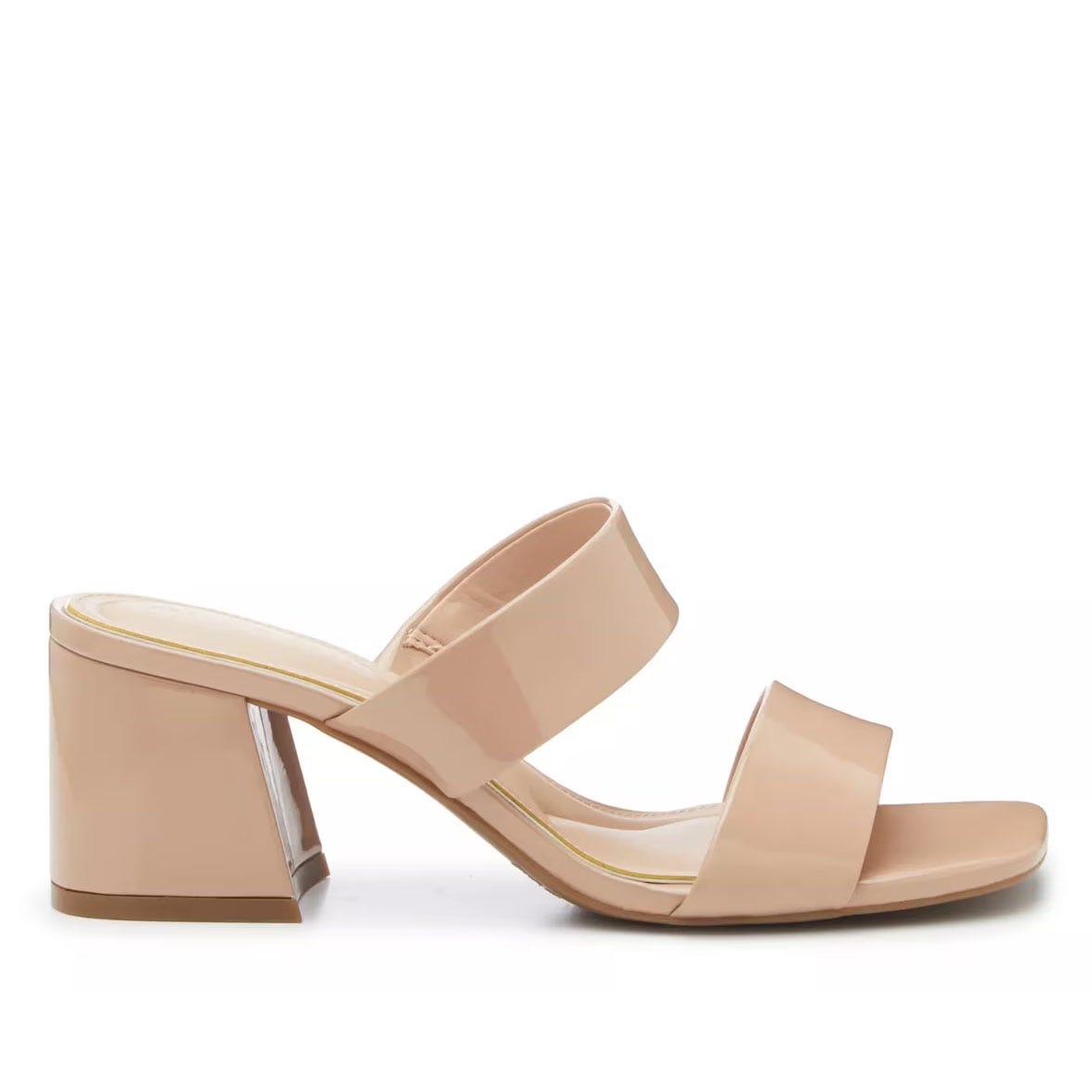 Beige block-heeled sandal with two wide straps and a square toe design.
