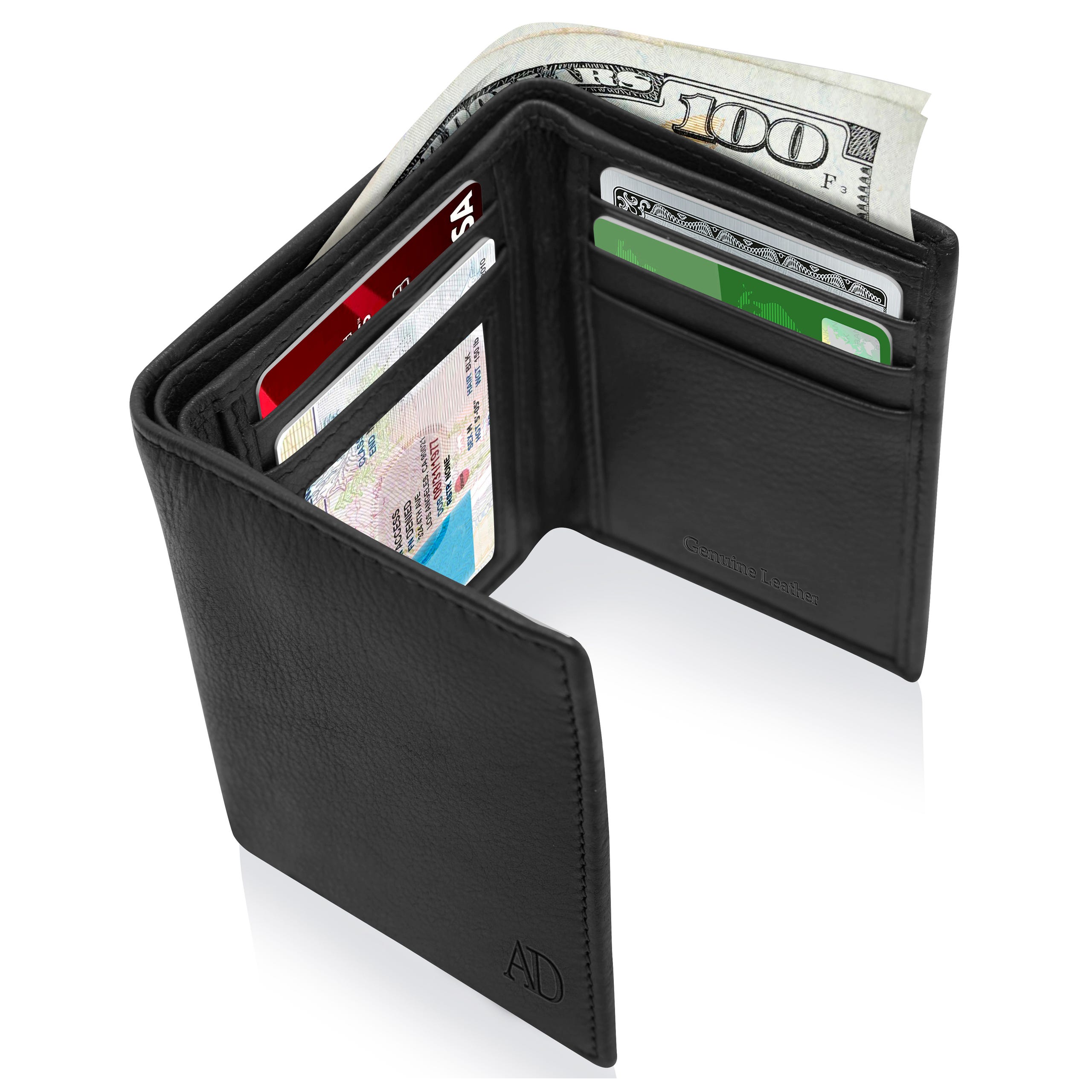 A black leather wallet open showing cash, credit cards, and an identification card.
