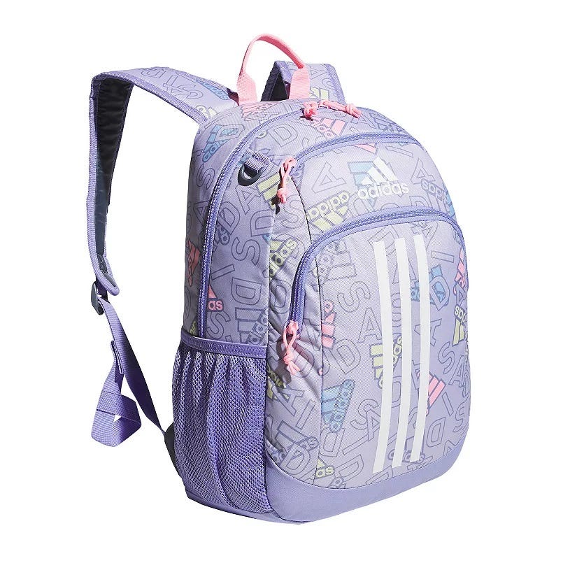 A lavender backpack with a pattern of sports brand logos, three white stripes on the front pouch, and pink accents.
