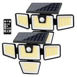 Dual solar-powered LED security lights with adjustable panels and a motion sensor, accompanied by a remote control.