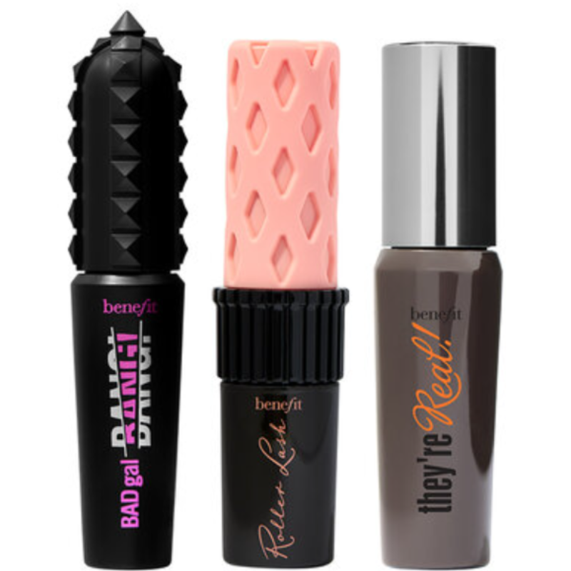3-piece Benefit Cosmetics Mascara Set includes BADgal BANG! volumizing mascara, Roller Lash curling mascara, and They're Real! lengthening mascara. Each tube features distinctive packaging with black and pink designs.