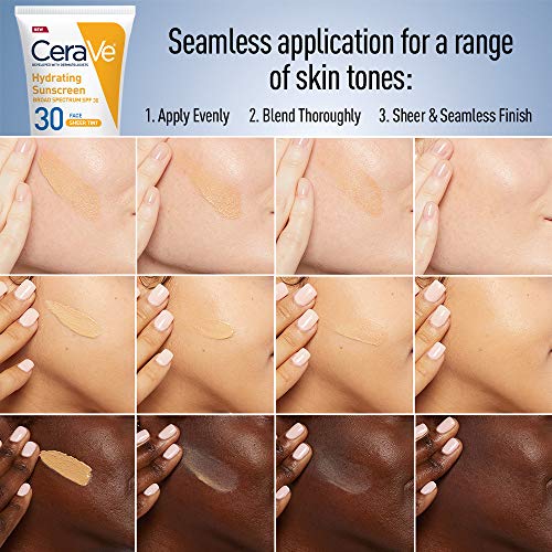 CeraVe Hydrating Sunscreen SPF 30 with tint, showing its seamless application on different skin tones in three steps: apply, blend, and finish.