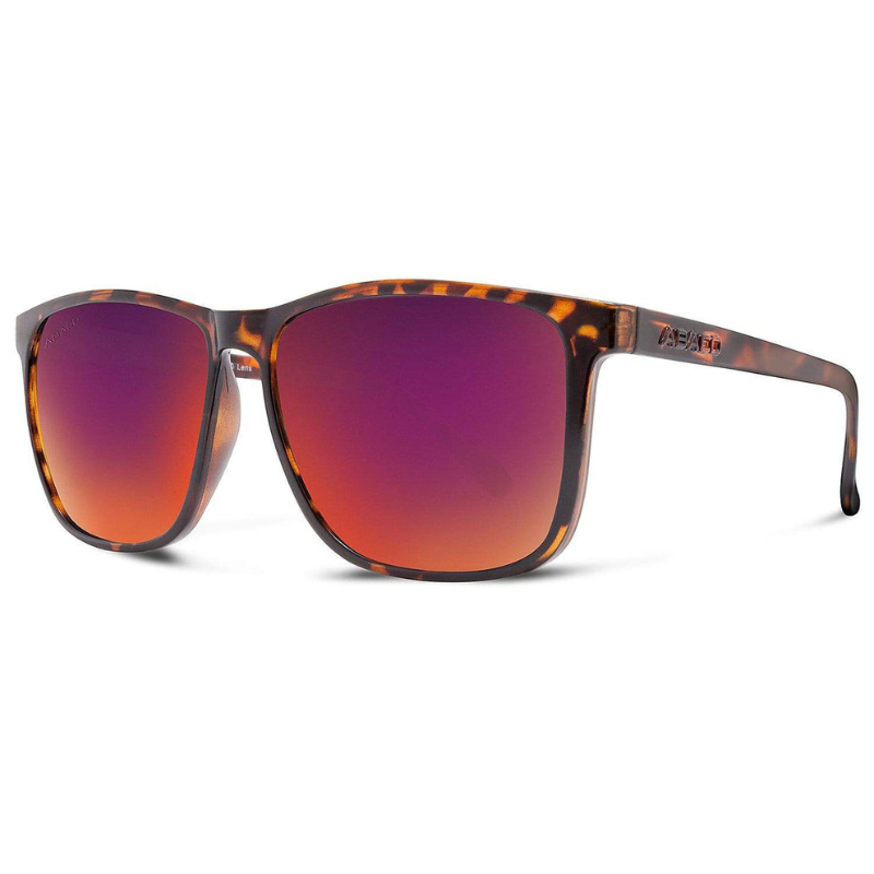 Rectangular sunglasses with a tortoiseshell frame and gradient lenses transitioning from purple to orange.