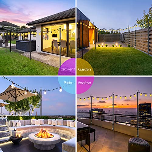 A collage of four outdoor settings illuminated by string lights: a backyard, garden, patio, and rooftop at dusk or evening.