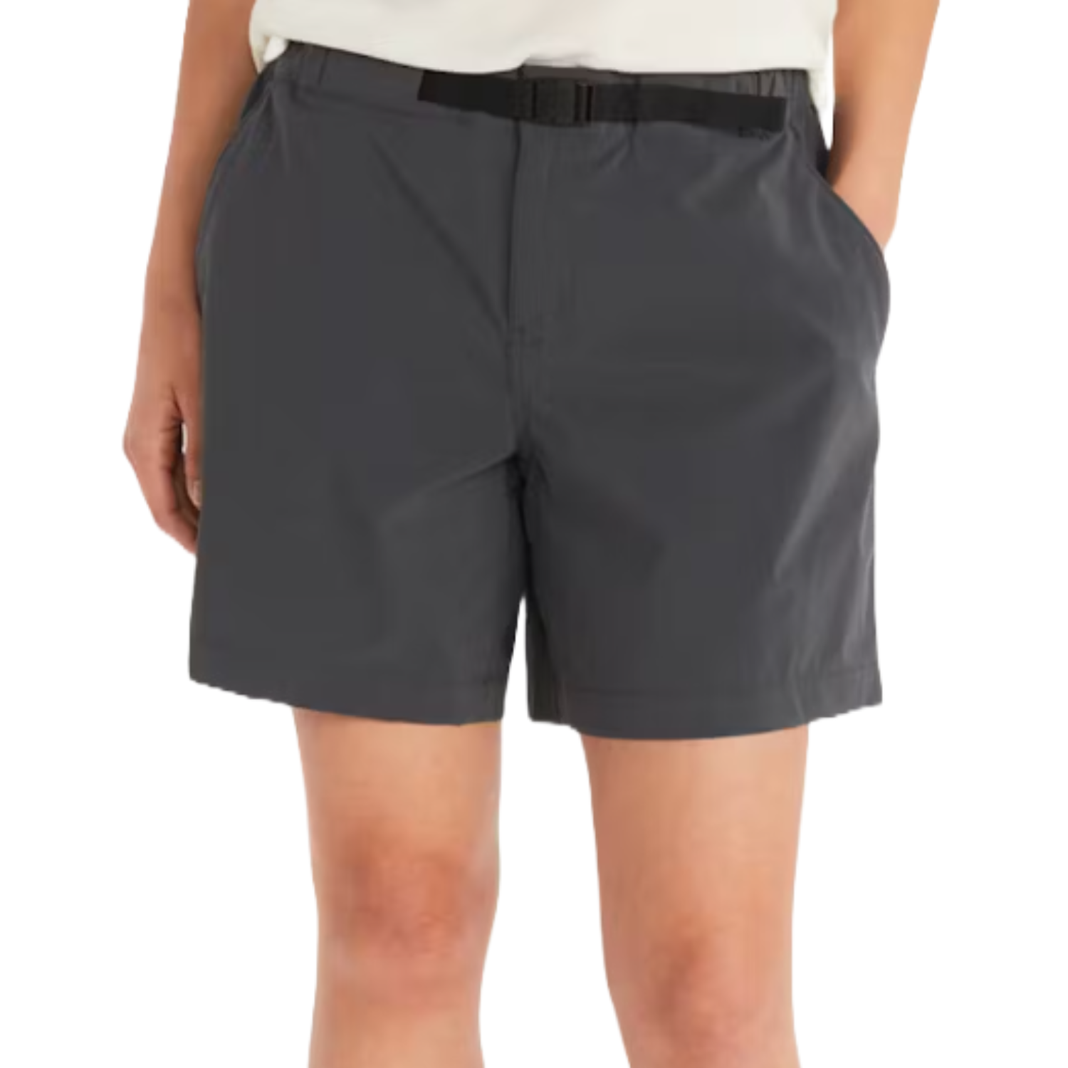 Marmot Kodachrome Shorts are dark gray, knee-length shorts with a relaxed fit, featuring side pockets and a built-in adjustable belt.