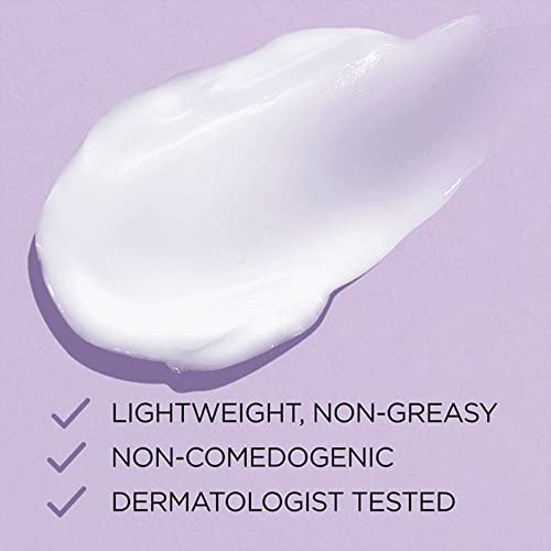 A dollop of white moisturizer is shown with text highlighting its lightweight, non-greasy formula, and that it's non-comedogenic and dermatologist-tested.