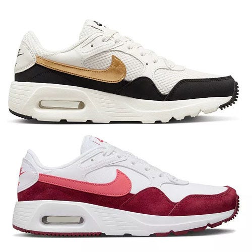 Two pairs of Nike Air Max sneakers, one with white and black with a golden swoosh, the other in white and red colorway.