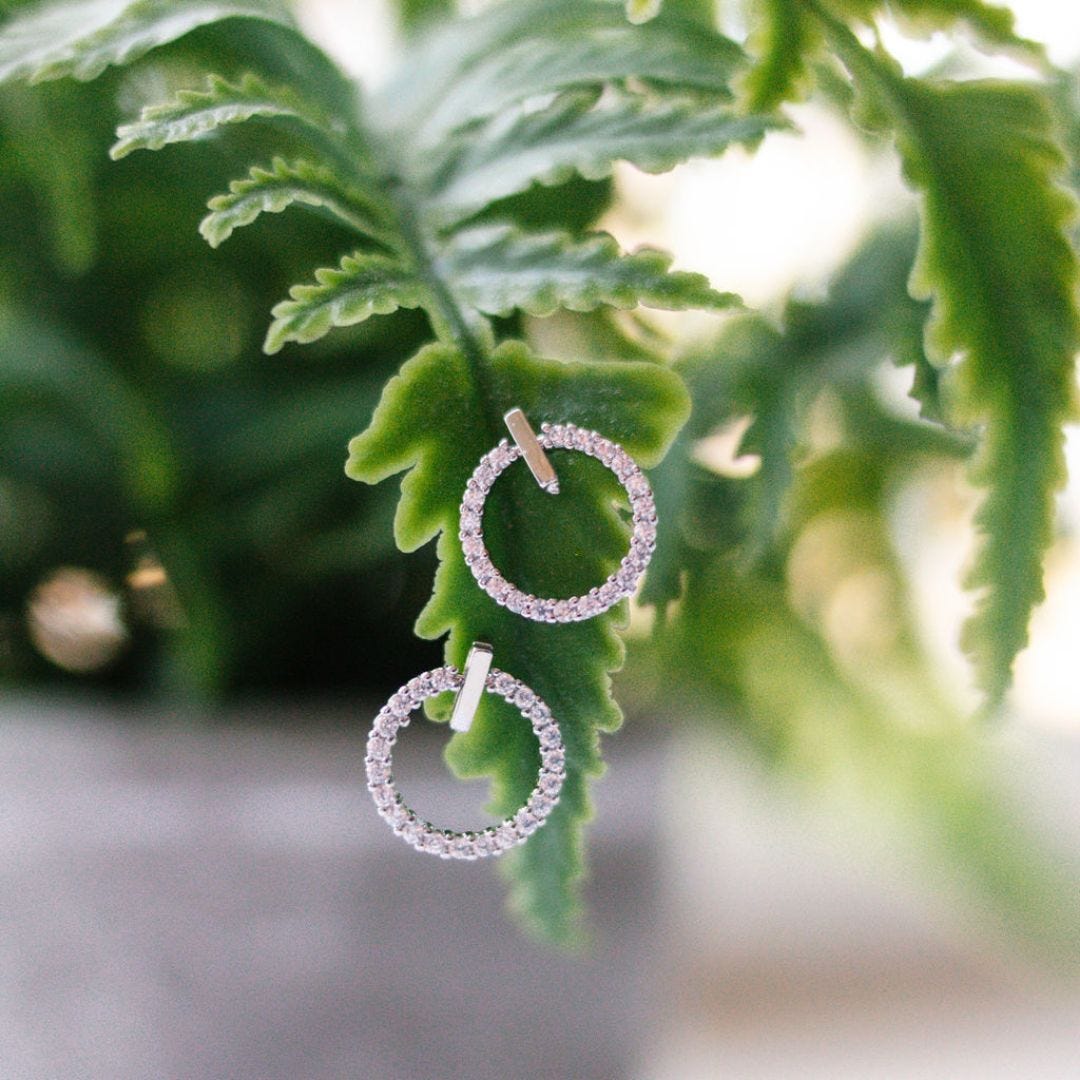 A pair of circular earrings with embedded gemstones, displayed on a green fern leaf.