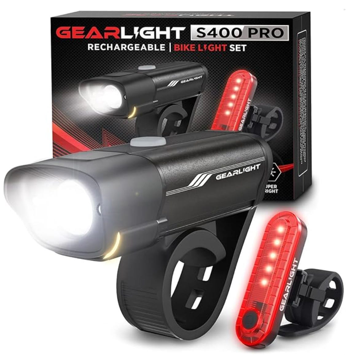 The GearLight S400 Pro bike light set features a rechargeable front light and a rear red light. The front light attaches to the handlebars, while the rear light mounts on the seat post. Both lights are compact and designed for nighttime visibility.