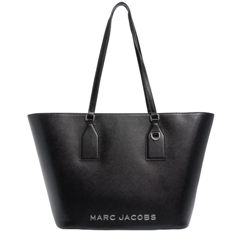 A black Marc Jacobs tote bag with sleek handles and the brand name printed on the front in white lettering.