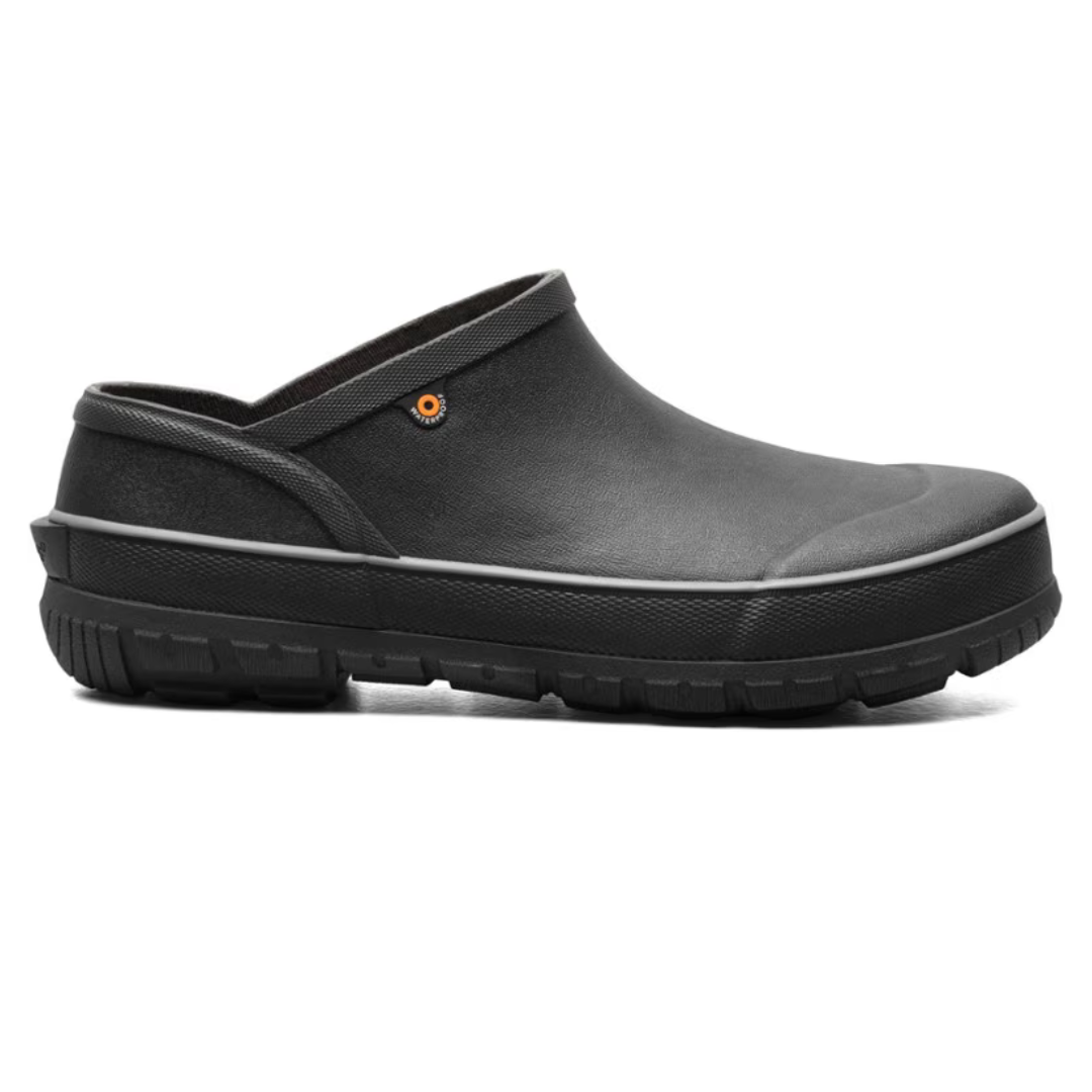 A black waterproof slip-on clog with a robust tread pattern and a small orange logo on the side.