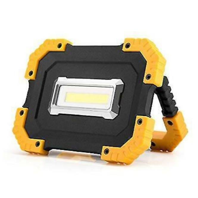 Portable LED work light with yellow and black casing.
