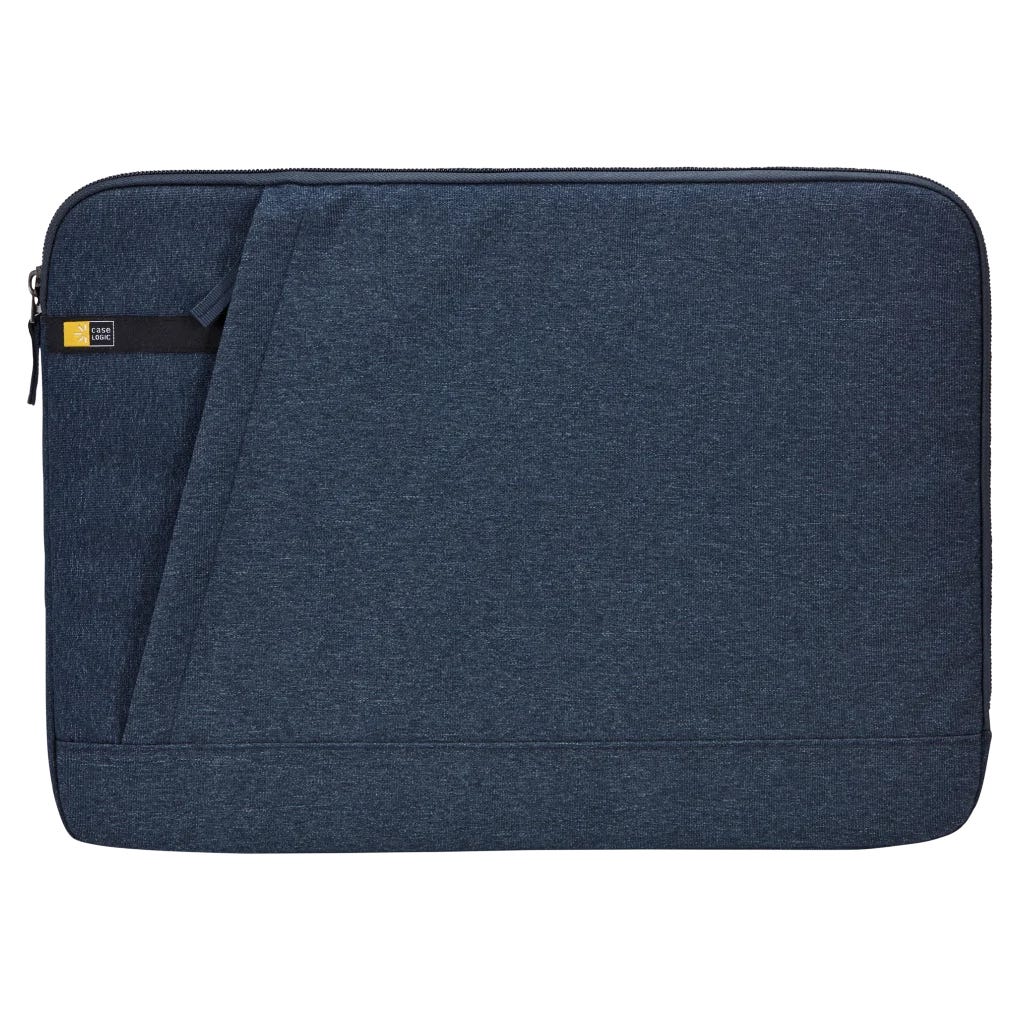 A dark blue Case Logic laptop sleeve featuring a zipper closure and an angled exterior pocket, designed for protection and convenience.