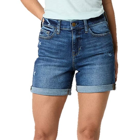 Denim shorts with a high-waisted design, five-pocket styling, and rolled cuffs.
