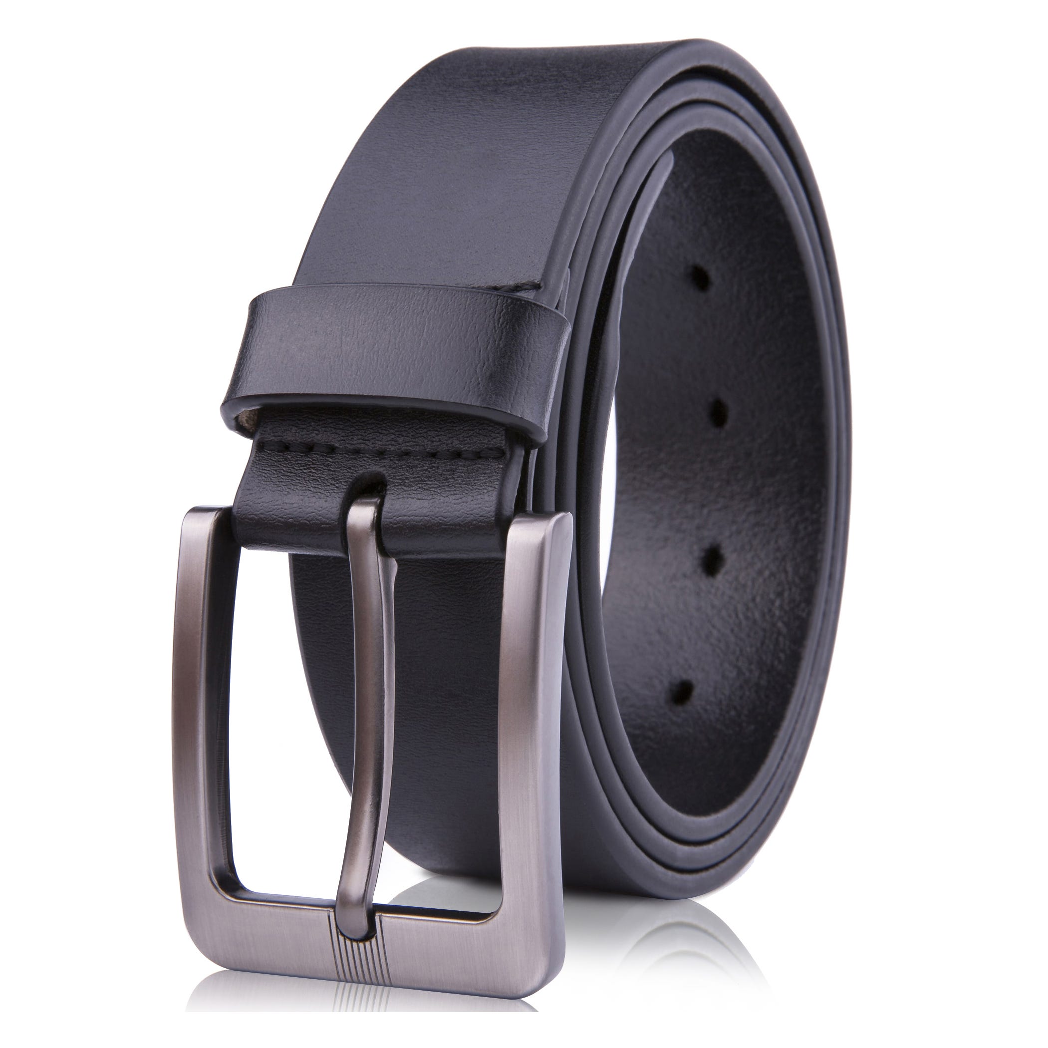 A leather belt with a rectangular metal buckle, shown against a white background.