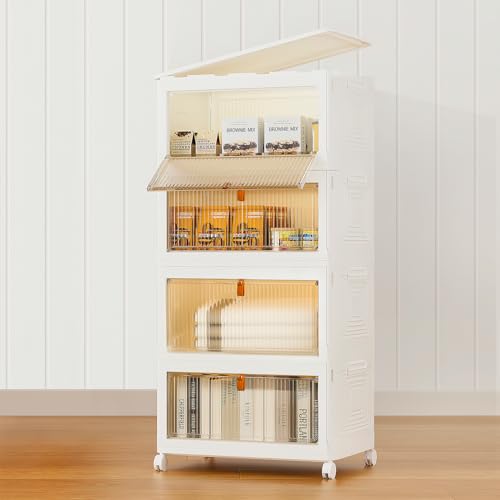 A white 4-tier stackable organizer with a flip-top lid and wheels, containing books and boxed items on shelves.