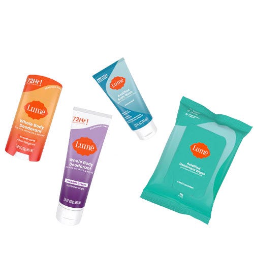 The Lume Essential Starter Pack includes a solid deodorant stick, two tubes of cream deodorant, and a pack of deodorant wipes, offering 72-hour odor protection for the whole body.
