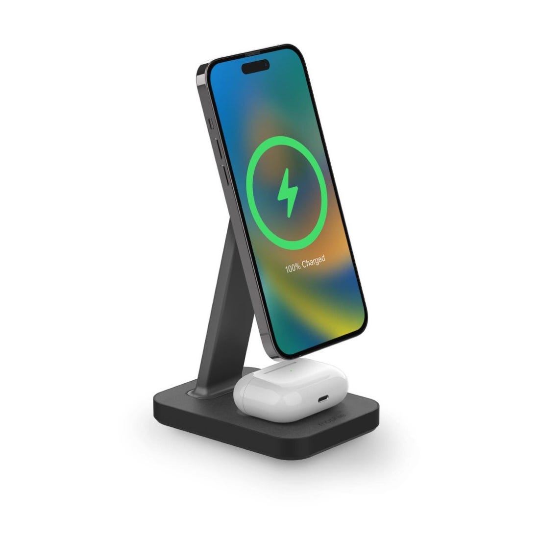 The Mophie Charging Stand is a sleek, angled wireless charger for a smartphone and includes a charging pad for earbuds. It features a modern design with a black base and supports the phone in an upright position.