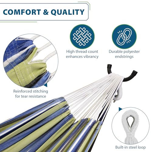 A double hammock made of striped fabric with reinforced stitching for durability, high thread count for comfort, and polyester end strings, featuring a built-in steel loop.