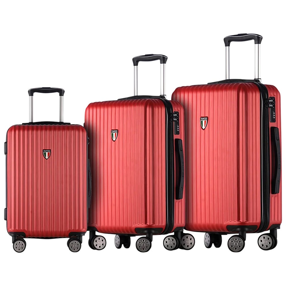 Three red hard-shell suitcases of varying sizes with four wheels and telescopic handles, featuring a TUCCI logo.