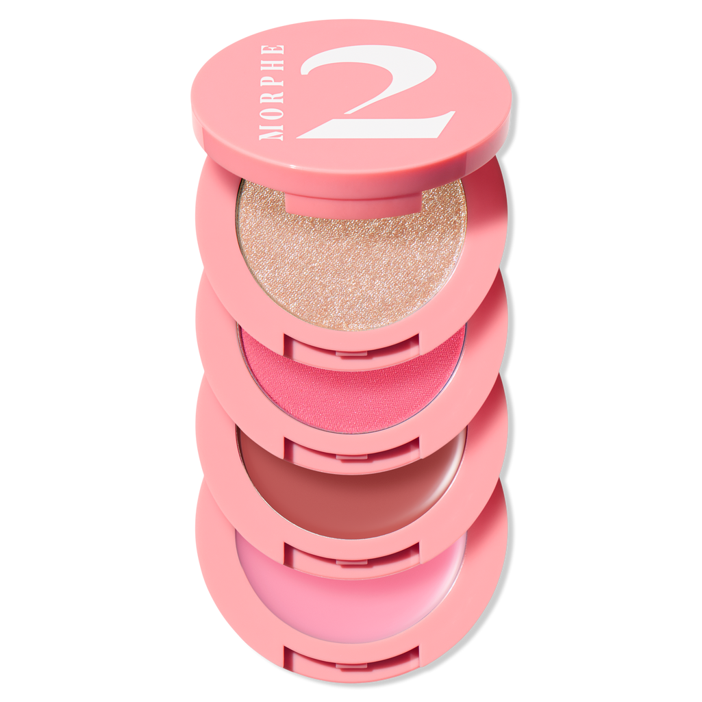 Morphe 2 multi-palette features stacked containers including a highlighter and blush in shades of pink and nude, encased in a pink compact.