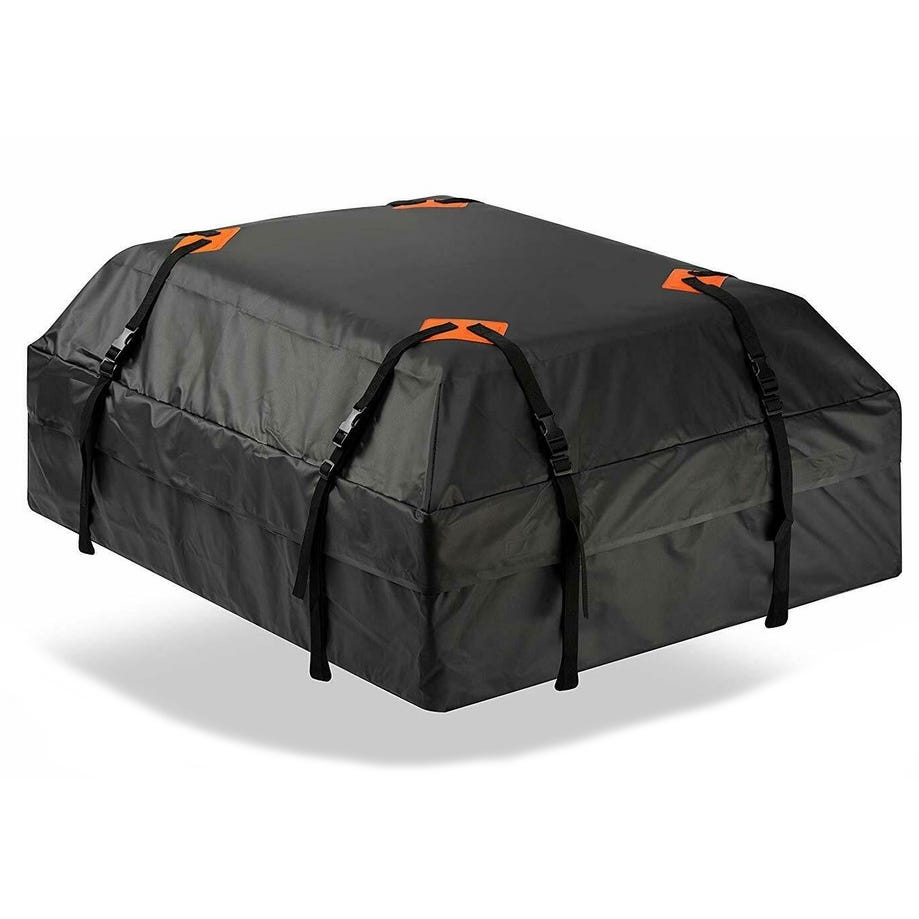 A black cargo roof bag with orange accents, featuring multiple adjustable straps for secure attachment on a vehicle roof, providing additional storage space.