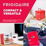 A compact, versatile Frigidaire Mini Fridge in red, shown in different settings: on a shelf, in a car, and with its door open displaying beverages.