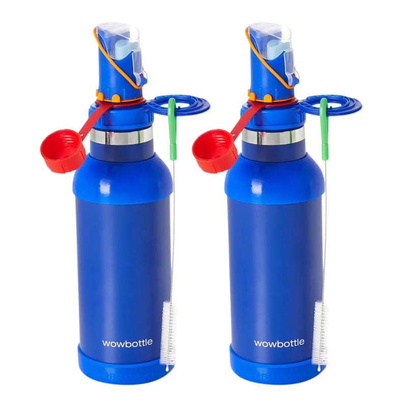 Two blue water bottles with flip-top lids, straw attachments, and accompanying cleaning brushes.