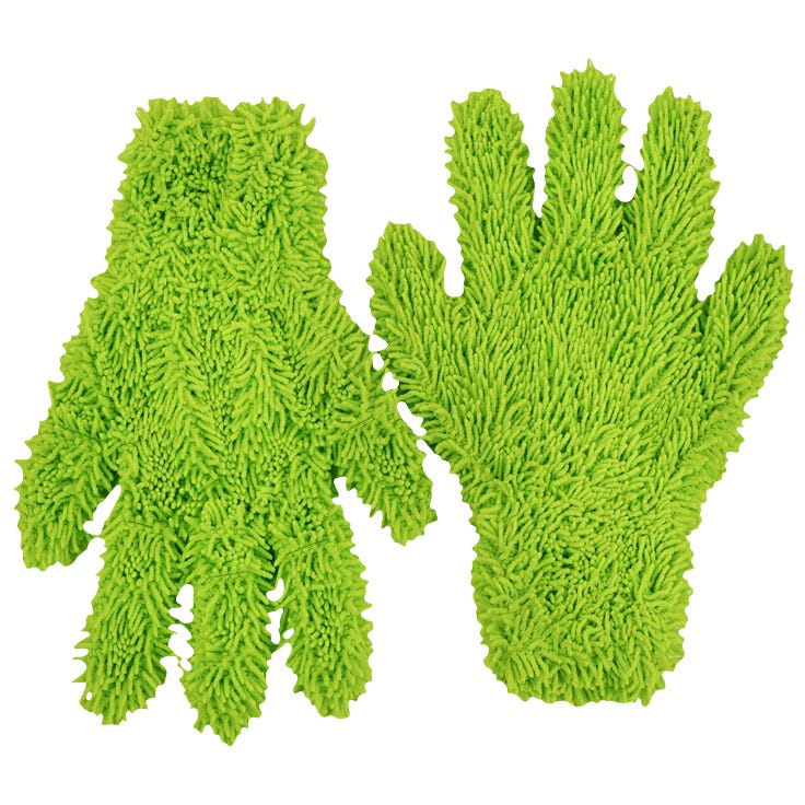A pair of green microfiber cleaning gloves with textured fingers and palms.