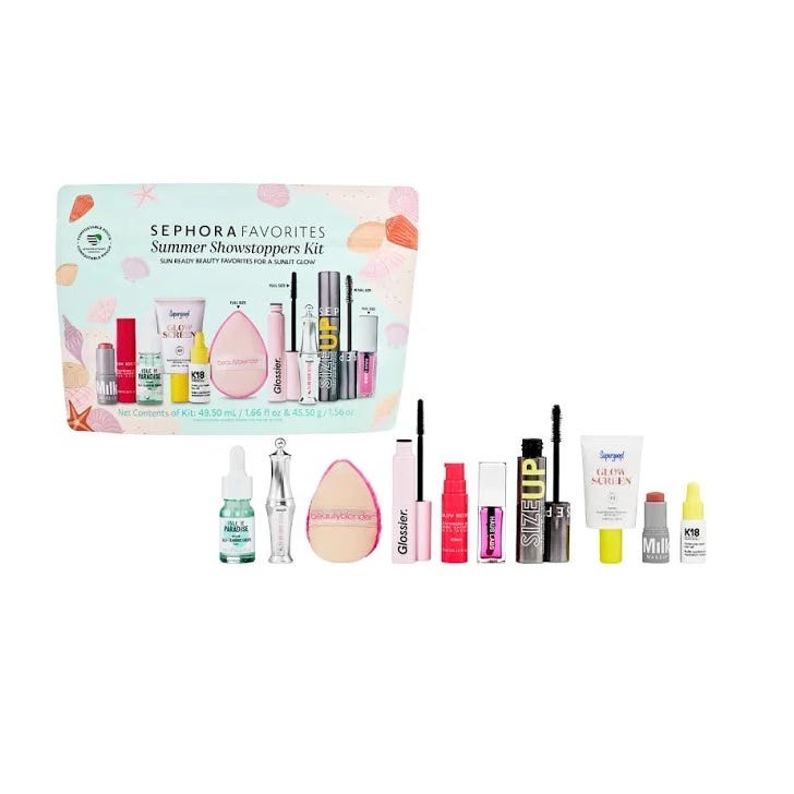 Cosmetic kit with various beauty items, including skincare treatments, makeup, and application tools.