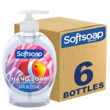 Softsoap Liquid Hand Soap, 6-pack, features transparent bottles, each containing 7.5 fl oz (221 mL) of soap. The labels display an image of a clownfish amidst pink sea anemones.