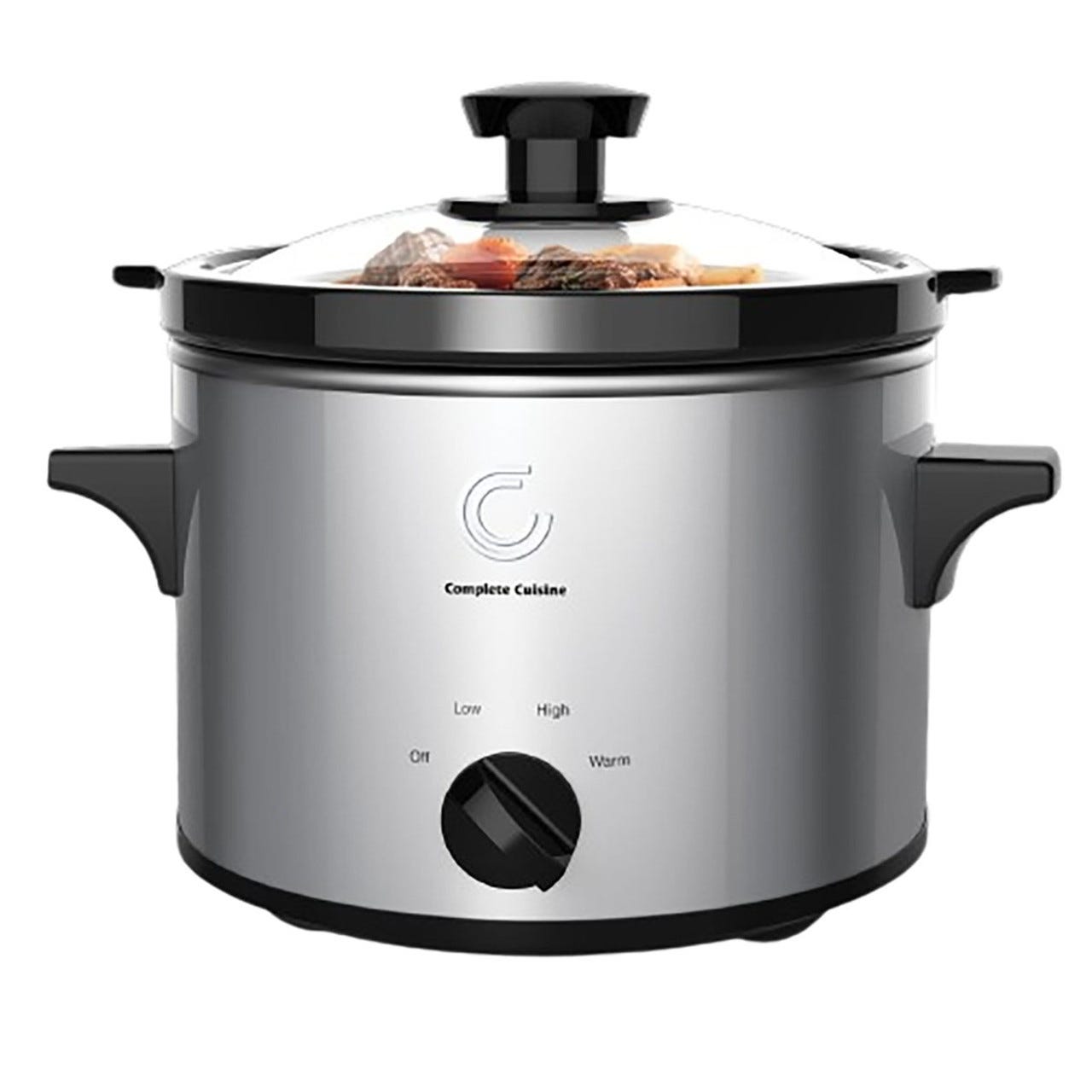 Silver slow cooker with a clear lid, black handles, and temperature control knob.